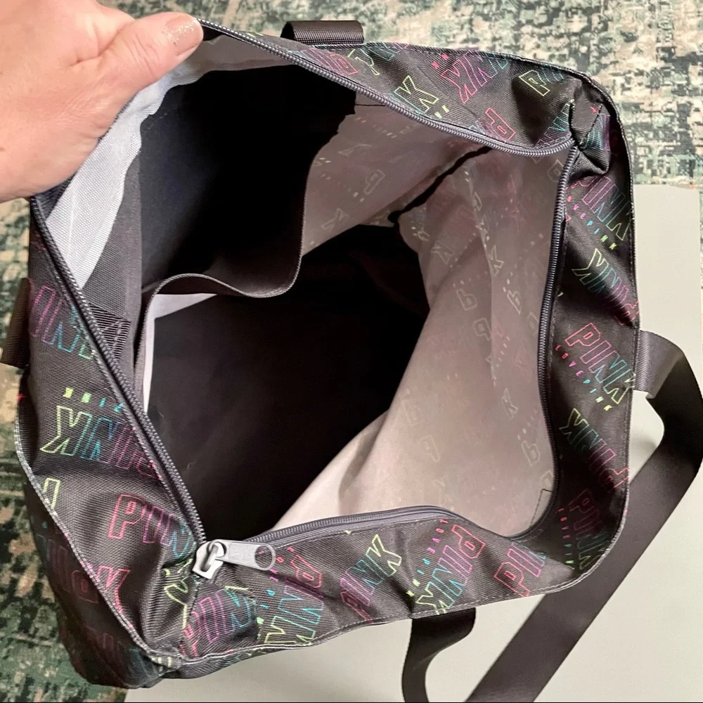 PINK Victoria’s Secret Black Zip Up Tote Bag Black Fluorescent Allover Logo - Picture 7 of 11